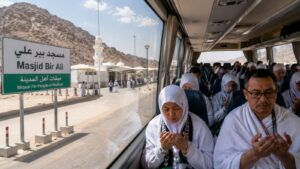 Ilustrasi jemaah haji 2026 mengambil miqat dan melafalkan niat ihram di dalam bus ketika di Bir Ali
