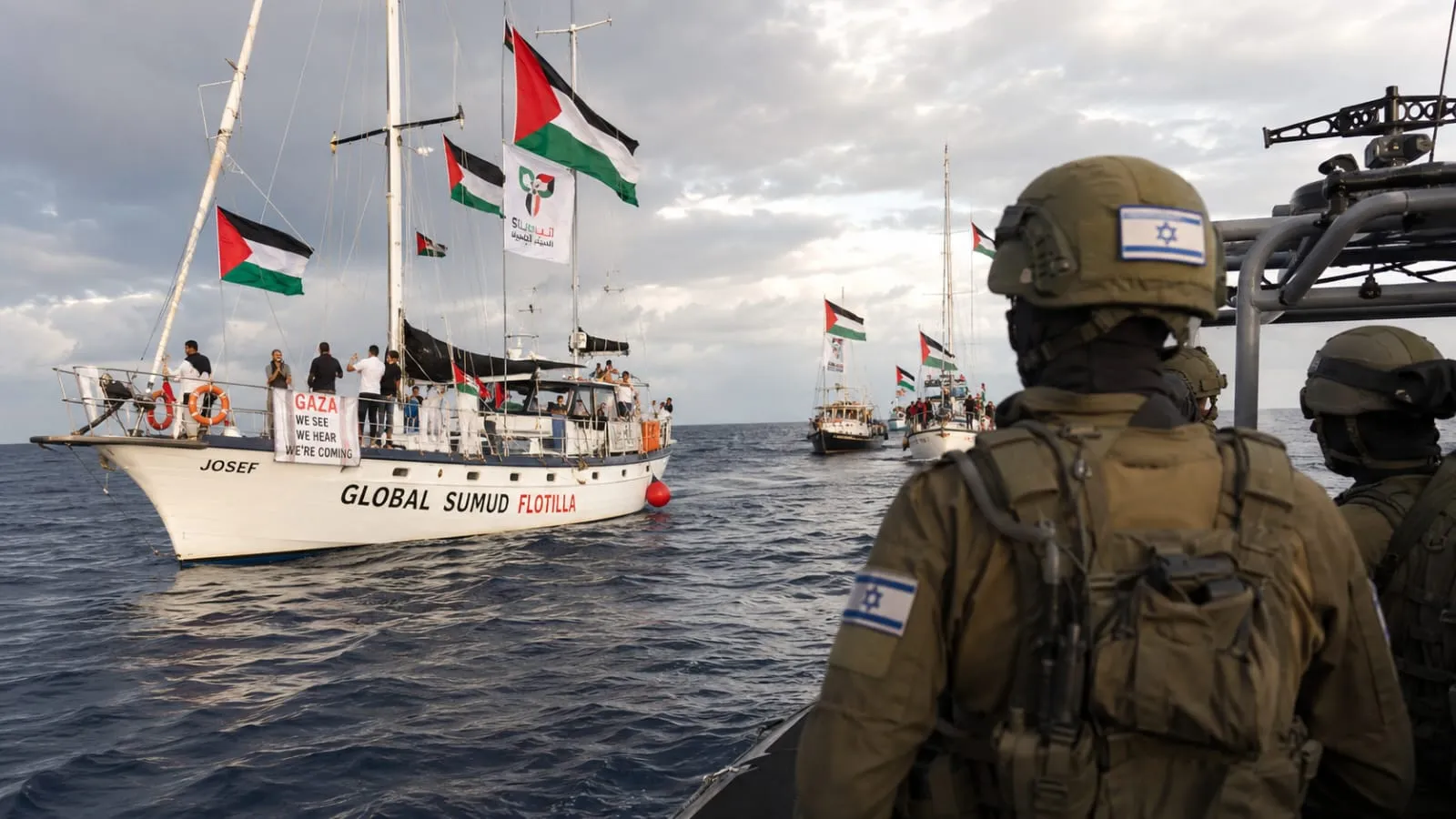 Ilustrasi militer Israel yang mengancam rombongan misi kemanusiaan internasional Global Sumud Flotilla [GSF]