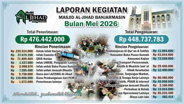 Laporan Penerimaan dan Pengeluaran Masjid Al Jihad Banjarmasin April 2026. Rata-rata Meningkat!